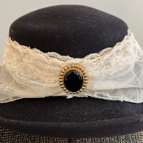 Vintage Black Wool and Lace Fedora Hat - Picture 2 of 5